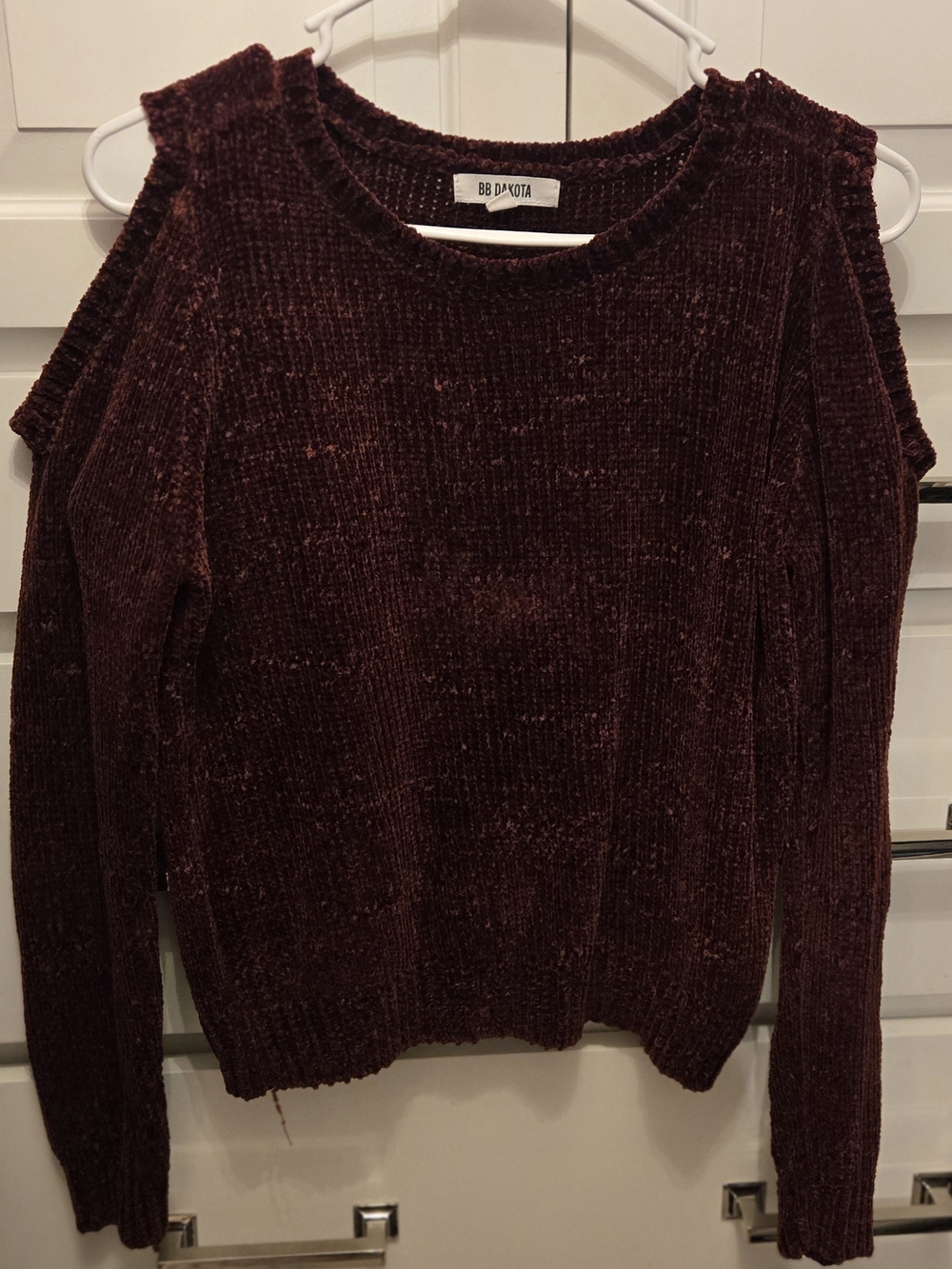 BB Dakota Burgundy Chenille Cold-Shoulder Sweater